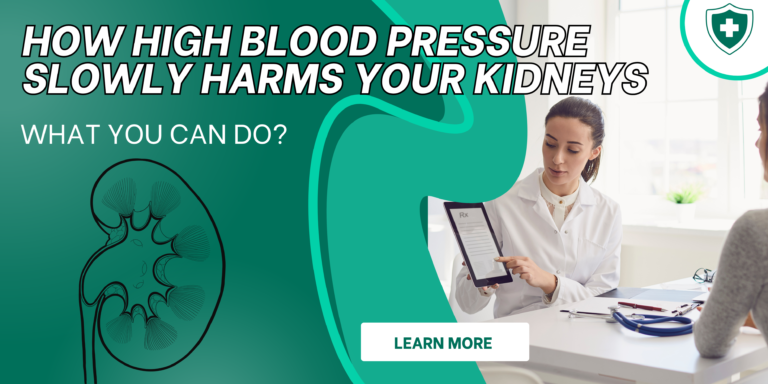 "Illustration showing high blood pressure affecting blood vessels in the kidneys, leading to chronic kidney damage